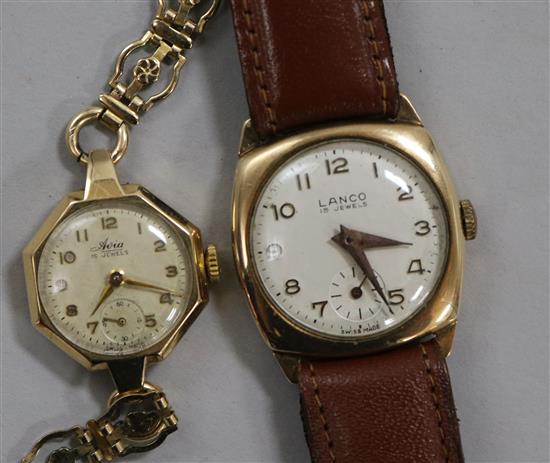 A ladys 9ct. gold Avia watch and a gentlemans 9ct. gold Lanco watch.